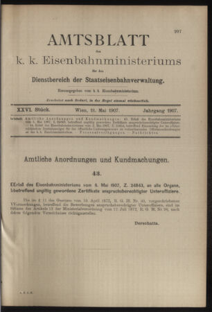 Verordnungs- und Anzeige-Blatt der k.k. General-Direction der österr. Staatsbahnen 19070518 Seite: 1