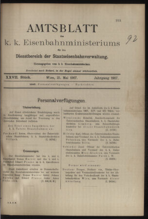 Verordnungs- und Anzeige-Blatt der k.k. General-Direction der österr. Staatsbahnen 19070525 Seite: 1