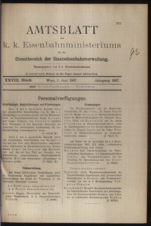 Verordnungs- und Anzeige-Blatt der k.k. General-Direction der österr. Staatsbahnen 19070601 Seite: 1