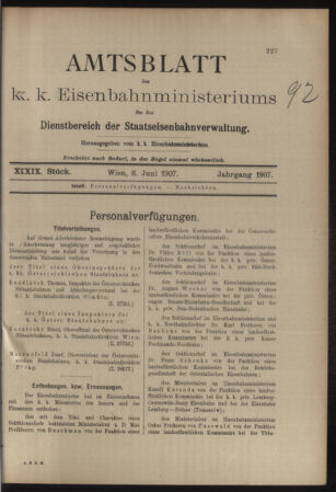 Verordnungs- und Anzeige-Blatt der k.k. General-Direction der österr. Staatsbahnen 19070608 Seite: 1