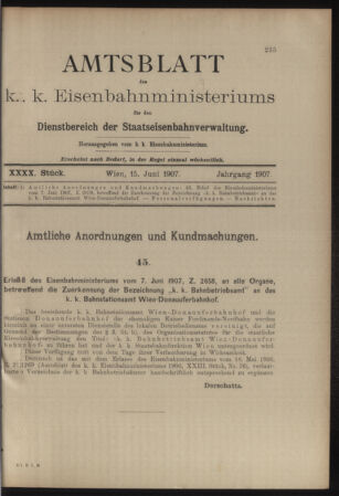 Verordnungs- und Anzeige-Blatt der k.k. General-Direction der österr. Staatsbahnen 19070615 Seite: 1