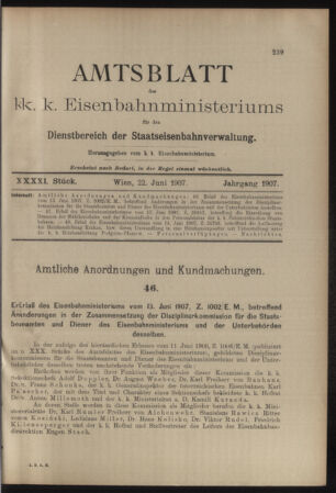 Verordnungs- und Anzeige-Blatt der k.k. General-Direction der österr. Staatsbahnen 19070622 Seite: 1