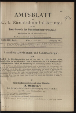 Verordnungs- und Anzeige-Blatt der k.k. General-Direction der österr. Staatsbahnen 19070701 Seite: 1