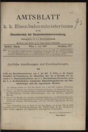 Verordnungs- und Anzeige-Blatt der k.k. General-Direction der österr. Staatsbahnen 19070704 Seite: 1