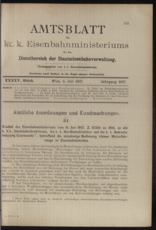 Verordnungs- und Anzeige-Blatt der k.k. General-Direction der österr. Staatsbahnen 19070706 Seite: 1