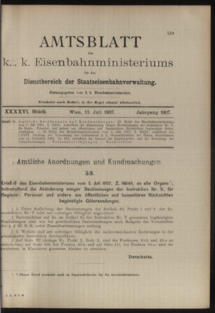 Verordnungs- und Anzeige-Blatt der k.k. General-Direction der österr. Staatsbahnen 19070713 Seite: 1