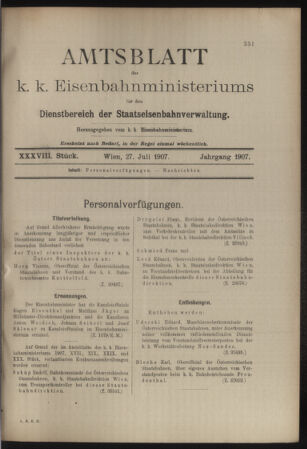 Verordnungs- und Anzeige-Blatt der k.k. General-Direction der österr. Staatsbahnen 19070727 Seite: 1