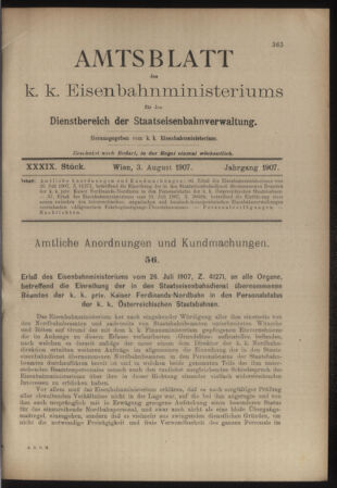 Verordnungs- und Anzeige-Blatt der k.k. General-Direction der österr. Staatsbahnen 19070803 Seite: 1