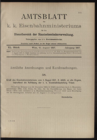 Verordnungs- und Anzeige-Blatt der k.k. General-Direction der österr. Staatsbahnen 19070810 Seite: 1