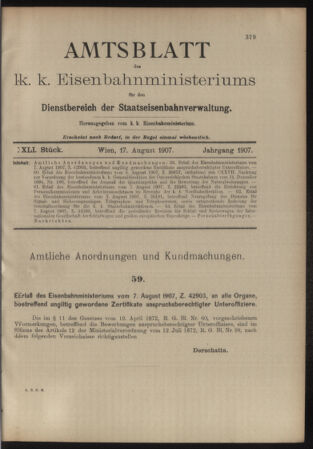 Verordnungs- und Anzeige-Blatt der k.k. General-Direction der österr. Staatsbahnen 19070817 Seite: 1