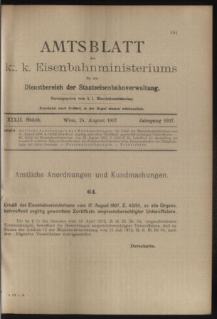 Verordnungs- und Anzeige-Blatt der k.k. General-Direction der österr. Staatsbahnen 19070824 Seite: 1