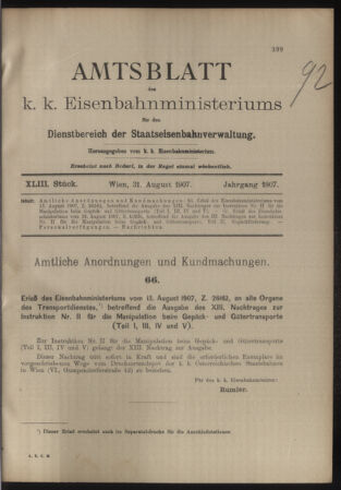 Verordnungs- und Anzeige-Blatt der k.k. General-Direction der österr. Staatsbahnen 19070831 Seite: 1