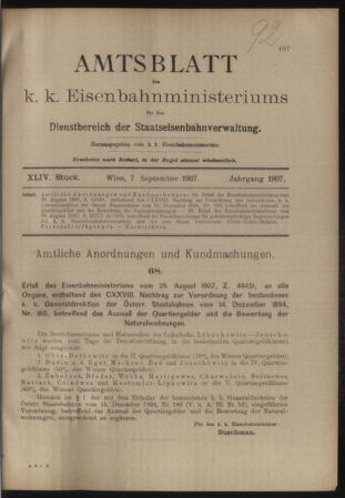 Verordnungs- und Anzeige-Blatt der k.k. General-Direction der österr. Staatsbahnen 19070907 Seite: 1