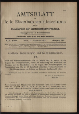 Verordnungs- und Anzeige-Blatt der k.k. General-Direction der österr. Staatsbahnen 19070914 Seite: 1