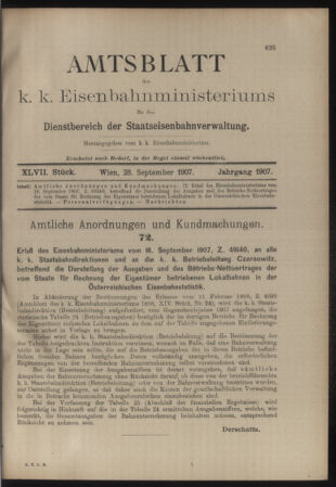 Verordnungs- und Anzeige-Blatt der k.k. General-Direction der österr. Staatsbahnen 19070928 Seite: 1