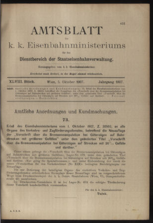 Verordnungs- und Anzeige-Blatt der k.k. General-Direction der österr. Staatsbahnen 19071005 Seite: 1