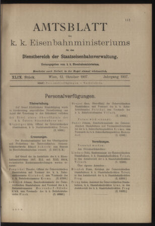 Verordnungs- und Anzeige-Blatt der k.k. General-Direction der österr. Staatsbahnen 19071012 Seite: 1