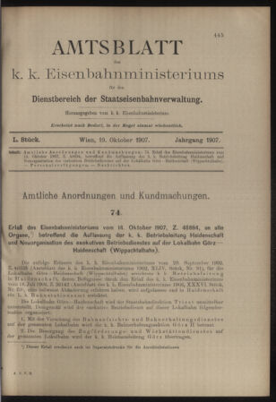 Verordnungs- und Anzeige-Blatt der k.k. General-Direction der österr. Staatsbahnen 19071019 Seite: 1