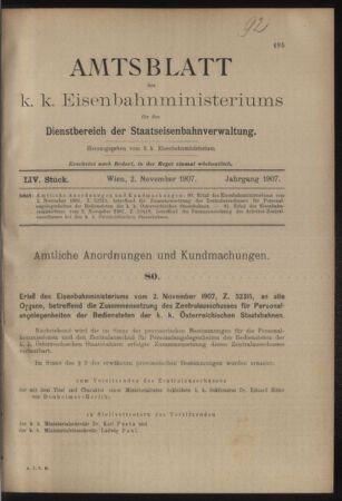 Verordnungs- und Anzeige-Blatt der k.k. General-Direction der österr. Staatsbahnen 19071102 Seite: 1