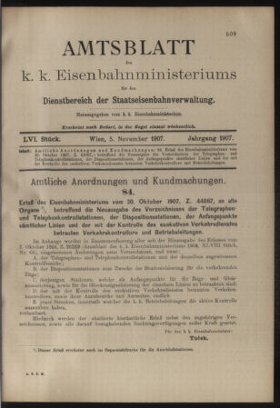 Verordnungs- und Anzeige-Blatt der k.k. General-Direction der österr. Staatsbahnen 19071105 Seite: 1