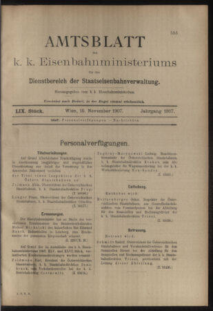 Verordnungs- und Anzeige-Blatt der k.k. General-Direction der österr. Staatsbahnen 19071116 Seite: 1