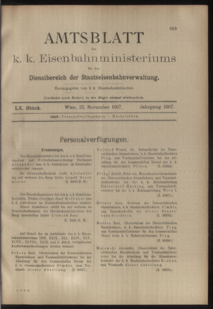 Verordnungs- und Anzeige-Blatt der k.k. General-Direction der österr. Staatsbahnen 19071123 Seite: 1