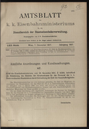 Verordnungs- und Anzeige-Blatt der k.k. General-Direction der österr. Staatsbahnen 19071207 Seite: 1