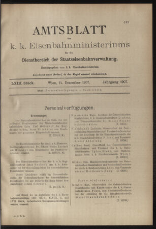 Verordnungs- und Anzeige-Blatt der k.k. General-Direction der österr. Staatsbahnen 19071214 Seite: 1