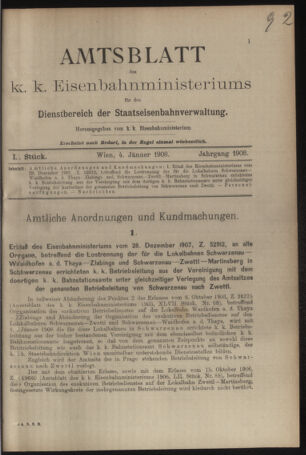 Verordnungs- und Anzeige-Blatt der k.k. General-Direction der österr. Staatsbahnen 19080104 Seite: 1