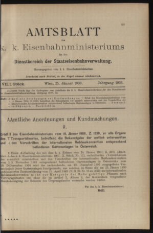 Verordnungs- und Anzeige-Blatt der k.k. General-Direction der österr. Staatsbahnen 19080125 Seite: 1