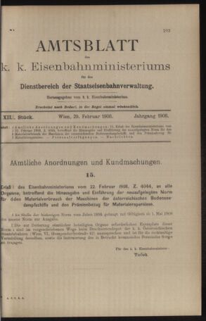 Verordnungs- und Anzeige-Blatt der k.k. General-Direction der österr. Staatsbahnen 19080229 Seite: 1