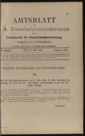 Verordnungs- und Anzeige-Blatt der k.k. General-Direction der österr. Staatsbahnen 19080321 Seite: 1