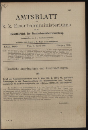 Verordnungs- und Anzeige-Blatt der k.k. General-Direction der österr. Staatsbahnen 19080411 Seite: 1