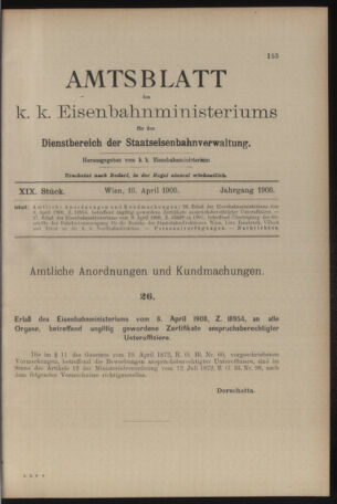 Verordnungs- und Anzeige-Blatt der k.k. General-Direction der österr. Staatsbahnen 19080418 Seite: 1