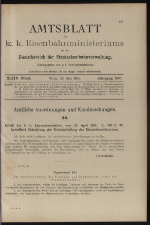 Verordnungs- und Anzeige-Blatt der k.k. General-Direction der österr. Staatsbahnen 19080523 Seite: 1