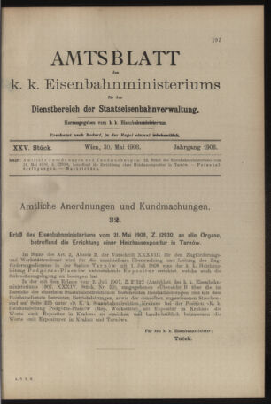 Verordnungs- und Anzeige-Blatt der k.k. General-Direction der österr. Staatsbahnen 19080530 Seite: 1