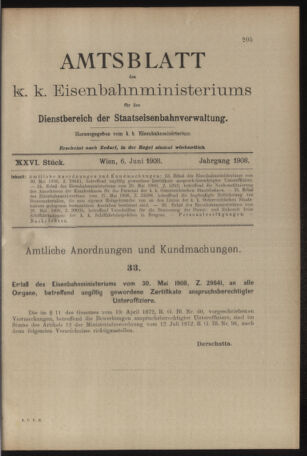 Verordnungs- und Anzeige-Blatt der k.k. General-Direction der österr. Staatsbahnen 19080606 Seite: 1