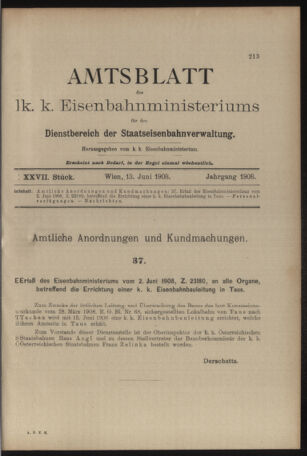 Verordnungs- und Anzeige-Blatt der k.k. General-Direction der österr. Staatsbahnen 19080613 Seite: 1