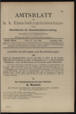 Verordnungs- und Anzeige-Blatt der k.k. General-Direction der österr. Staatsbahnen 19080627 Seite: 1