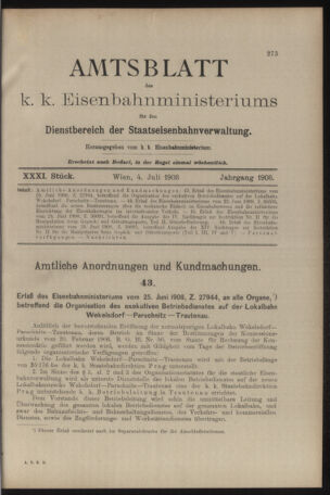 Verordnungs- und Anzeige-Blatt der k.k. General-Direction der österr. Staatsbahnen 19080704 Seite: 1