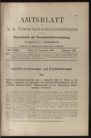 Verordnungs- und Anzeige-Blatt der k.k. General-Direction der österr. Staatsbahnen 19080912 Seite: 1