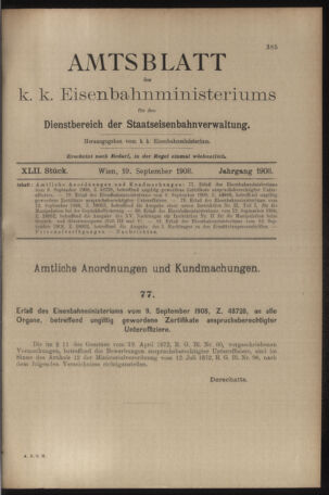 Verordnungs- und Anzeige-Blatt der k.k. General-Direction der österr. Staatsbahnen 19080919 Seite: 1