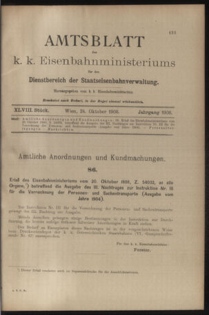 Verordnungs- und Anzeige-Blatt der k.k. General-Direction der österr. Staatsbahnen 19081024 Seite: 1