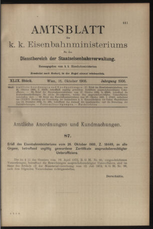 Verordnungs- und Anzeige-Blatt der k.k. General-Direction der österr. Staatsbahnen 19081031 Seite: 1