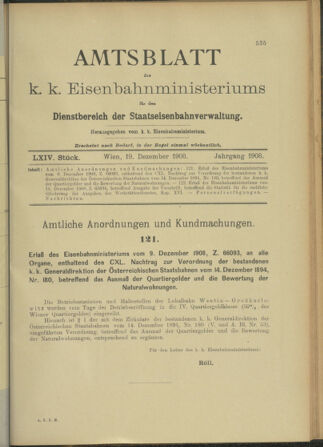 Verordnungs- und Anzeige-Blatt der k.k. General-Direction der österr. Staatsbahnen 19081219 Seite: 1