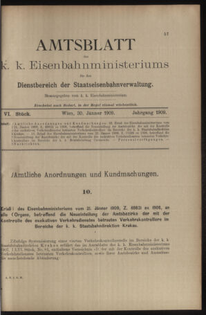 Verordnungs- und Anzeige-Blatt der k.k. General-Direction der österr. Staatsbahnen 19090130 Seite: 1