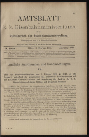 Verordnungs- und Anzeige-Blatt der k.k. General-Direction der österr. Staatsbahnen 19090213 Seite: 1