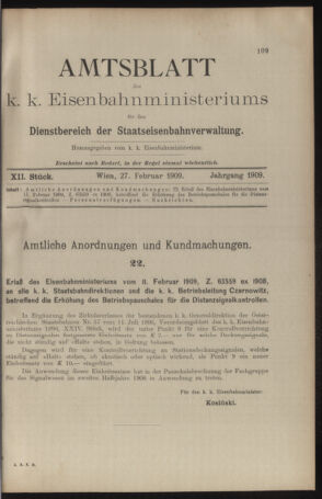 Verordnungs- und Anzeige-Blatt der k.k. General-Direction der österr. Staatsbahnen 19090227 Seite: 1