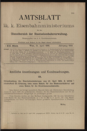 Verordnungs- und Anzeige-Blatt der k.k. General-Direction der österr. Staatsbahnen 19090424 Seite: 1