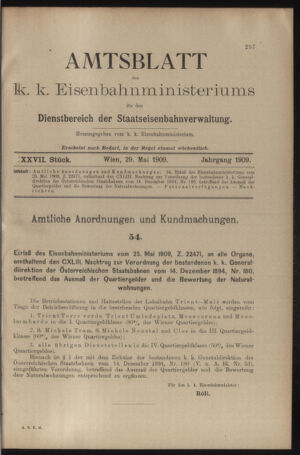 Verordnungs- und Anzeige-Blatt der k.k. General-Direction der österr. Staatsbahnen 19090529 Seite: 1